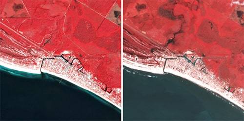 PlanetScope images taken before and after Hurricane Michael in October 2018 show large areas of damage and inland flooding throughout the Mexico Beach, Florida.
