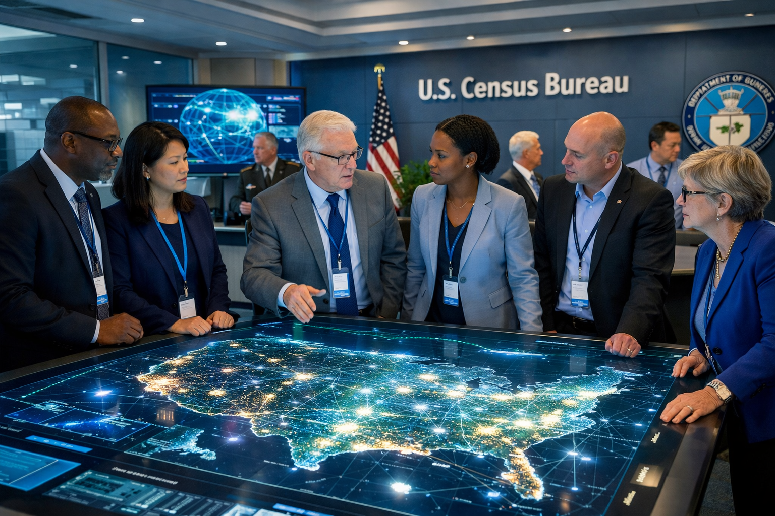 Federal professionals gathered around a glowing interactive geospatial map at the U.S. Census Bureau headquarters during FedGeoDay 2026