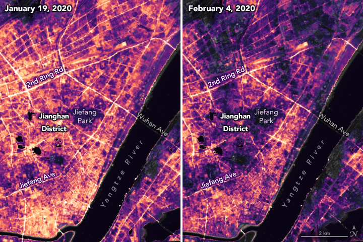 Changes in activity around the city of Wuhan, China, between January 19 and February 4, 2020, as observed by nighttime lights. Source: NASA’s Goddard Space Flight Center (GSFC) and Universities Space Research Association (USRA)