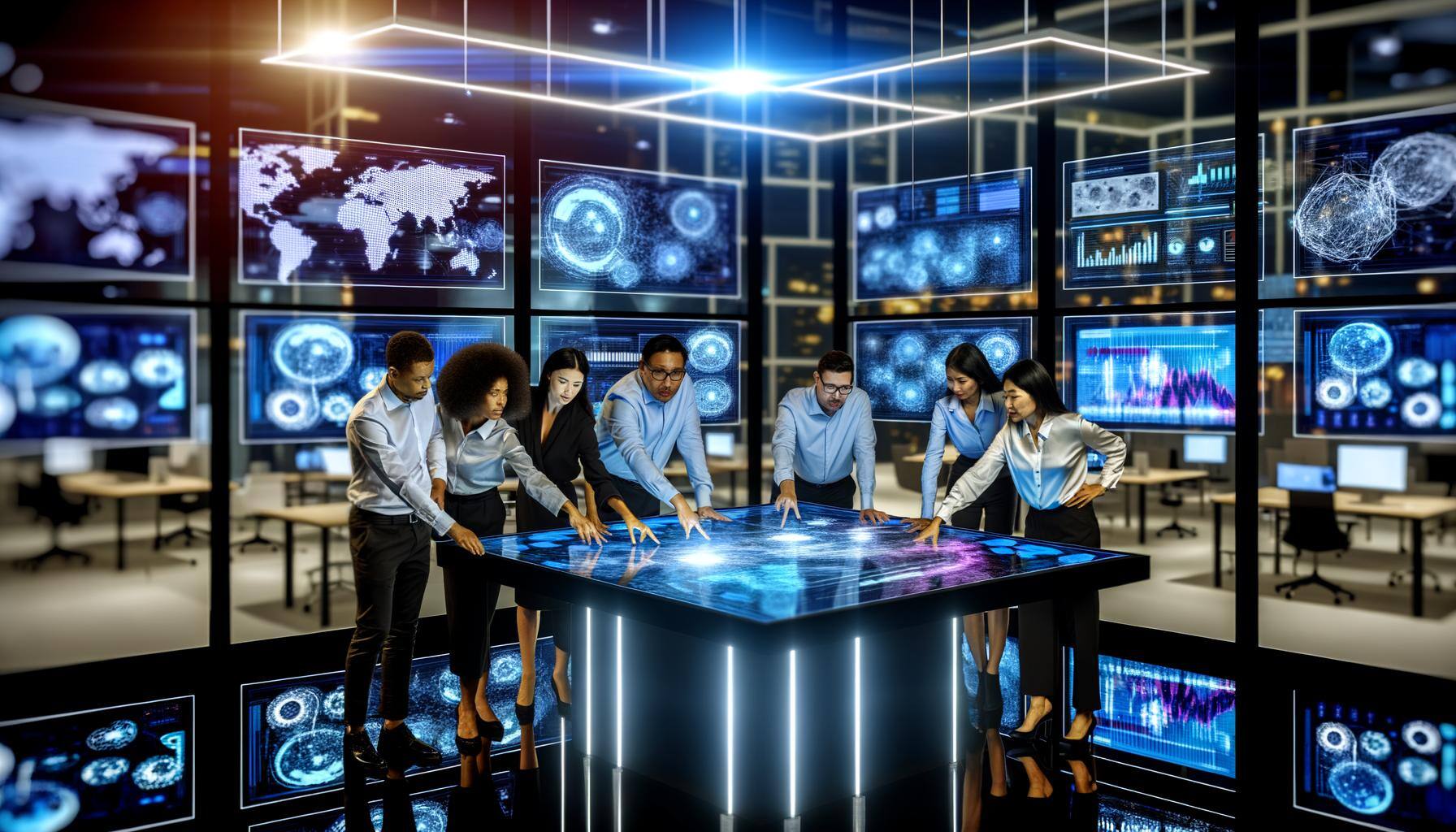 Visualize a cutting-edge workspace brimming with modern technology. This includes several large-screen monitors showing moving digital content and com